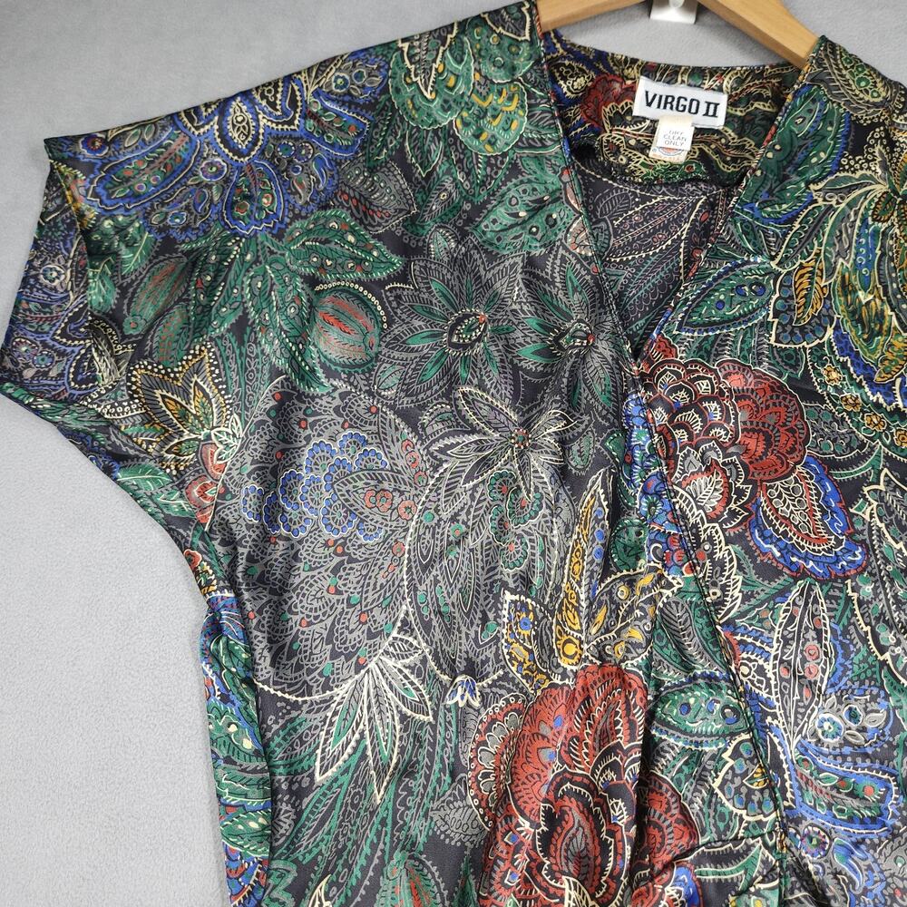 Vintage VIRGO II Wrap Dress Womens 14 Floral Print Metallic Sheen Midi Artsy USA - Picture 3 of 16